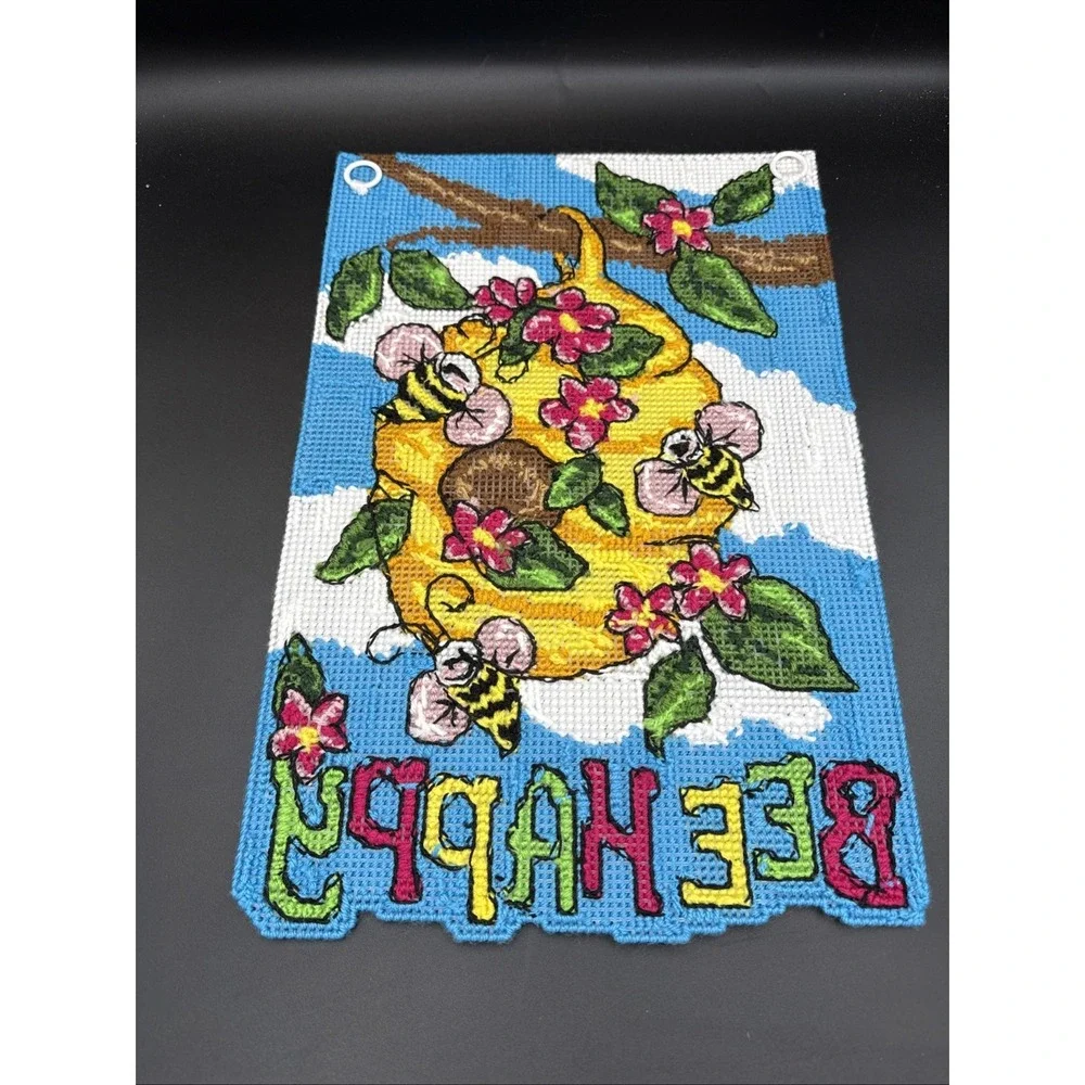 Plastic Canvas Spring Wall Decor Completed Beehive Bee Happy 12 X 18
